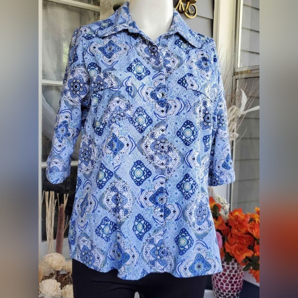 VTG 90s Alia Petite Blue Floral Geometric 3/4 Sleeves Buttons Up Shirt Top 8P